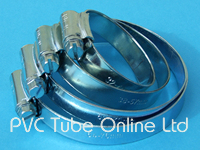 Metal Screw Clamps for plastic flexible tube.  Available in many different sizes.