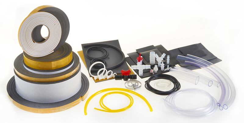 Multi image of pvc tube, foam tape, foam sheet, connectors, taps, tygon, rubber cord and clamps.