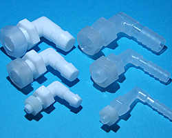 The flow of liquid or gas needs to pass through a plate (bulkhead) and be joined with a nut and threaded fitting via an elbow direction.